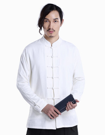 新品促销】唐装男士中国风棉麻居士服武术衣服盘扣长袖外套上衣 白色