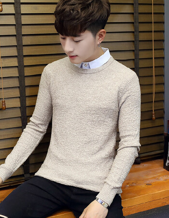 自带衬衫领 假两件修身男毛衣 圆领针织衫男套头长袖线衫 米色 2xl