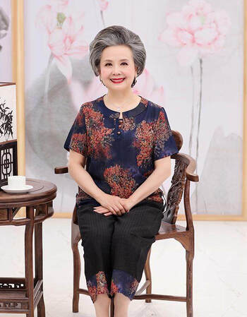 人女上衣中国风中袖套装60岁70奶奶夏装宽松两件套老太太衣服 藏青色