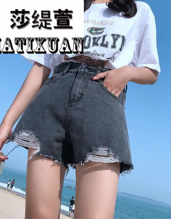 短裤女高中生学生少女韩版高腰破洞阔腿热裤牛仔短裤短裤女夏-莎缇萱