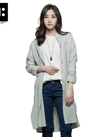 h:connect韩版时尚女装时尚休闲印花中长款开叉衬衫 绿色303 s