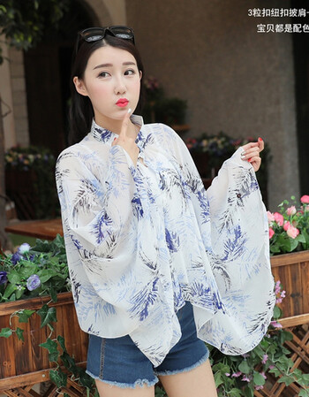 夏天季防晒披肩女骑车外套沙滩巾女士开车披风斗篷 树叶蓝色