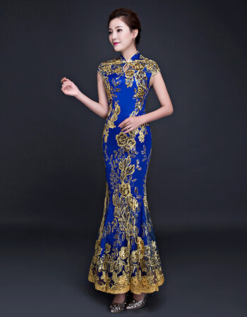 旗袍新款复古改良蕾丝鱼尾修身长款中式宴会舞台表演年会主持礼服 宝