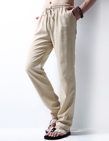 春夏季纯色运动裤男薄款大码直筒亚麻长裤子松紧棉麻裤 米色 a5 4xl
