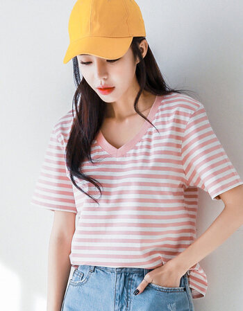 条纹t恤女短袖宽松纯棉上衣大码 2018新款v领韩版百搭春季打底衫 粉白