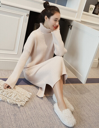 春秋新款韩版高领超长款过膝宽松打底毛衣裙子春装 白色【市场原版】