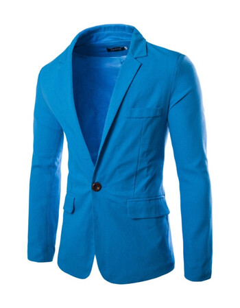 春装新款男士麻料一粒扣纯色风修身小西服外套8661 湖蓝色 xl
