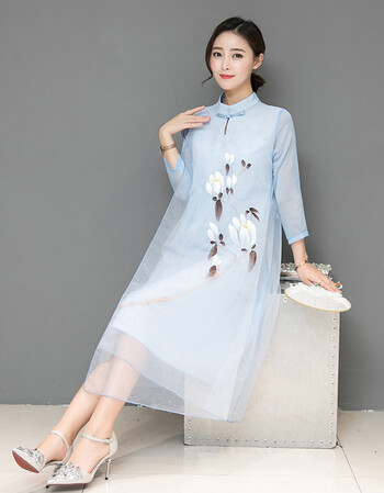 新款复古民族风女装禅意盘扣茶服连衣裙禅服中式改良旗袍 蓝色玉兰花