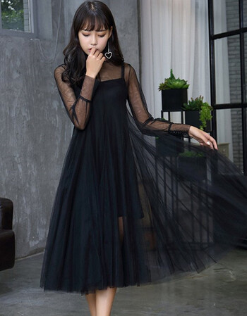 新款春秋女装气质修身网纱连衣裙长袖中长款纱裙性感仙女裙子 黑色 m