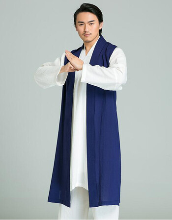 中国风男士居士服棉麻复古男装改良汉服茶禅长袍长衫套装 深蓝色套装