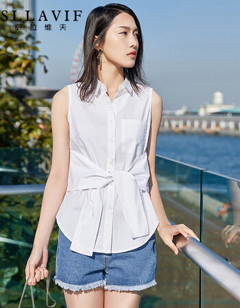萨拉维夫品牌无袖白衬衫女2018夏装新款时尚绑带翻领通勤休闲女上衣