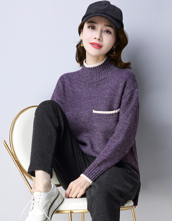 隐田2018春季新款韩时尚女式针织衫宽松显瘦针织毛衣打底衫女装 紫色