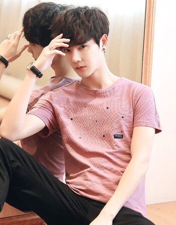 2018夏装男士短袖t恤韩版圆领打潮流男装半袖上衣修身夏季男体恤 粉色