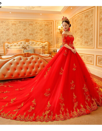 婚纱礼服2017新款高端红色一字肩中袖显瘦新娘婚纱大拖尾婚纱秋冬