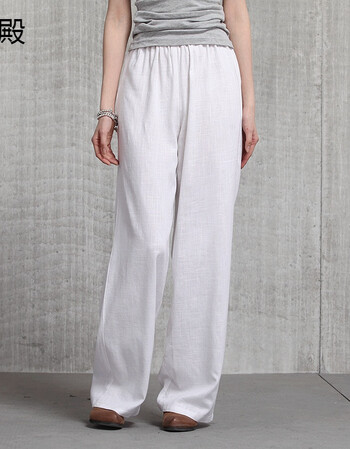 九殿2017夏季民族风棉麻裤子女夏松紧阔腿女裤长裤直筒裤米白色休闲裤
