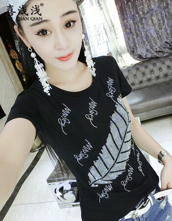 欧洲站2018新款烫钻t恤女短袖夏装韩范上衣修身半袖体恤女夏衣服 黑色