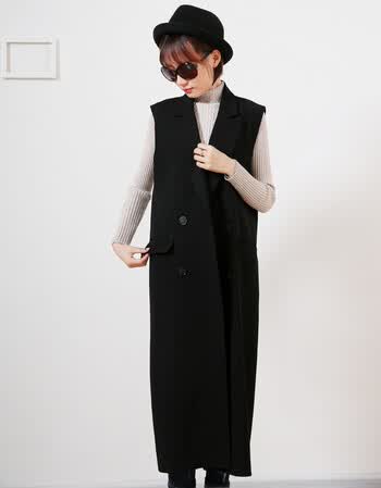 西装马甲女春秋款韩版长款显瘦无袖外套女大码显瘦西服马夹女 黑色