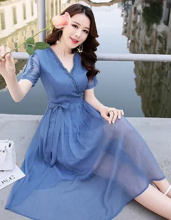华哥弟情雪纺连衣裙短袖女夏新款时尚女装中长款显瘦气质v领连衣裙
