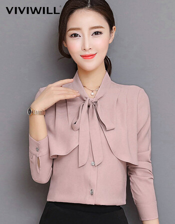 viviwill衬衫女2018春季新款白领衬衫雪纺衫蝴蝶结荷叶边时尚修身职业