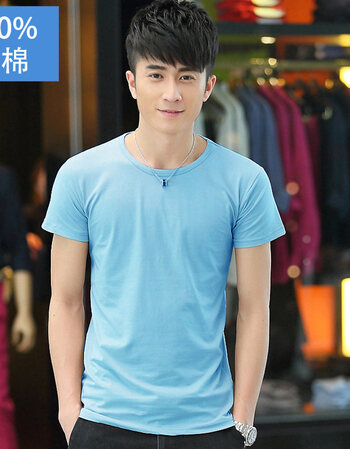 短袖男士t恤v领夏季宽松半截丅体桖男装夏装衣服 圆领天蓝色 l