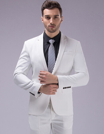 潮男装时尚修身西装两件套男士新郎伴郎大码商务西服套装 白色 xxxl