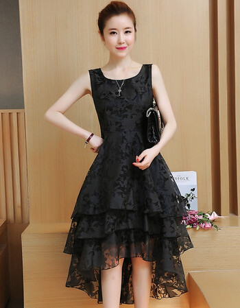 pingyu2018夏季新款时尚气质显瘦蕾丝连衣裙女无袖燕尾长裙超仙女背心