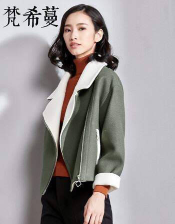 梵希蔓vimly 撞色翻领短款直筒型毛呢外套 深豆绿色 s