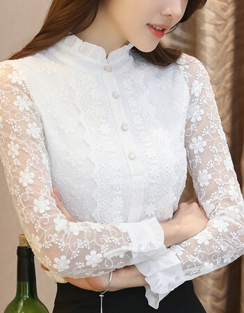 夏尔维纳气质内搭蕾丝打底衫长袖2018初春新款白色镂空百搭立领洋气女