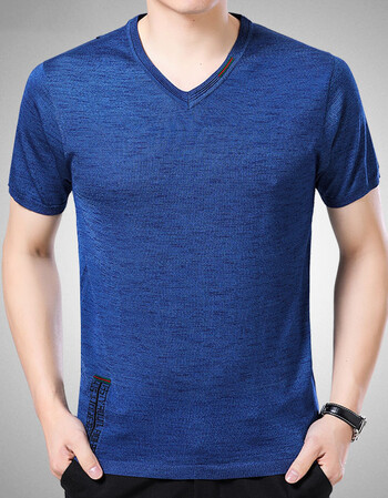 夏季中年男士薄款短袖t恤纯色v领冰丝爸爸装鸡心领半袖体恤汗衫 蓝色1