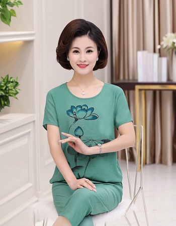中老年人女装妈妈装夏装短袖套装60岁70老人衣服奶奶装棉麻两件套