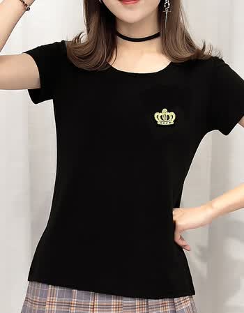 t恤女装夏装字母印花体恤韩国宽松简约百搭t桖上衣服 黑色【皇冠】