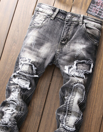 潮流时刻破洞牛仔裤男小脚针缝贴布个性烂青年男士乞丐裤修身裤子 s