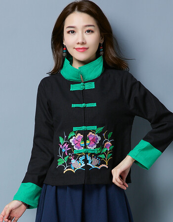 春秋新款民族风女装中式刺绣短款棉麻上衣唐装外套夹层有里 黑色 xl