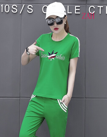 纯棉运动套装女 宽松夏装2018新款韩版夏季时尚休闲精品两件套 绿色 l