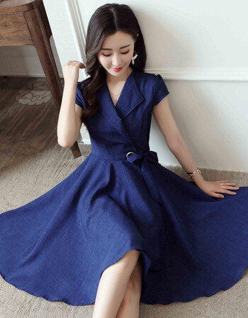 连衣裙女夏2018新款中长款修身遮肚子显瘦藏肉不规则下摆裙子 蓝色