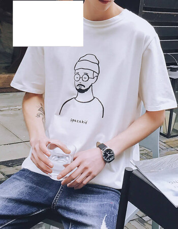 网纱印花套头卫衣男学生7分袖t恤短袖男日系青年夏天 008 008716白色