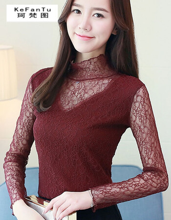 珂梵图蕾丝打底衫女长袖2018春秋新款立领网纱t恤小衫雪纺衫百搭雪纺