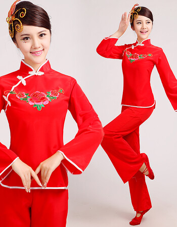 服2018新款女套装扇子舞蹈演出服腰鼓队打鼓服广场舞服装 半扣大红