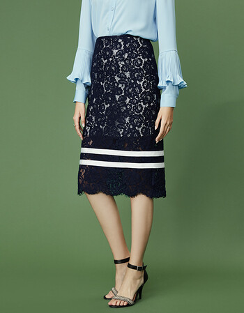 高腰蕾丝半身裙秋装2017新款撞色条纹裙子女中长款包臀裙唯品会 藏青