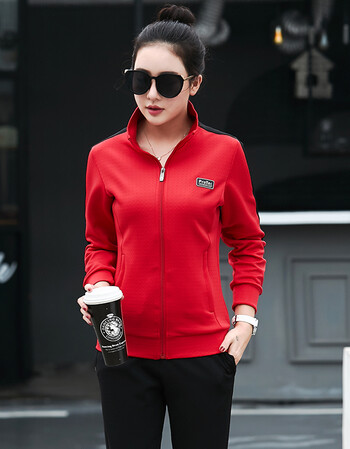 吸湿排汗长裤运动生活运动服立领开衫卫衣中年男长袖套装 女款红色