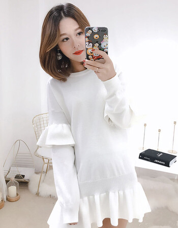 冬季新款木耳边针织连衣裙女学生宽松毛衣裙潮 白色 s