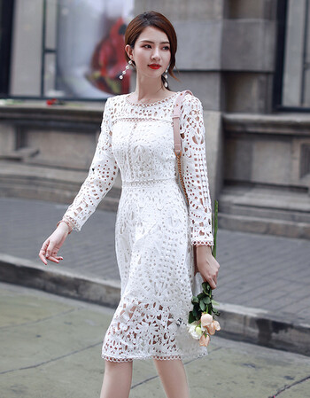白色蕾丝吊带连衣裙秋季镂空高腰长袖字裙 白色 s