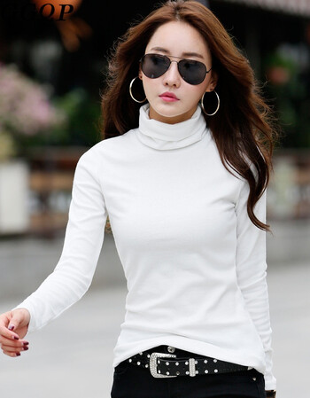 ggqp高领打底衫女长袖修身显瘦大码长袖女t恤上衣体恤衫 白色 s
