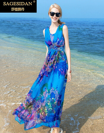 莎格狮丹品牌女装沙滩裙女2018夏季新款波西米亚真丝桑蚕丝海边度假