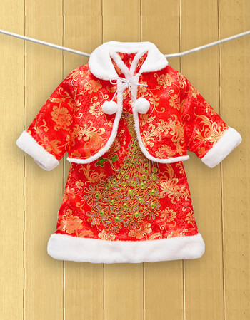 2017中小女童毛毛边中式喜庆金丝刺绣旗袍唐装婴儿保暖套装新年旗袍