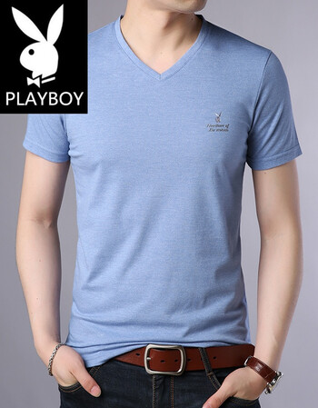 花花公子短袖t恤男领修身夏季新款青时尚半袖恤衫休闲潮男装 蓝色
