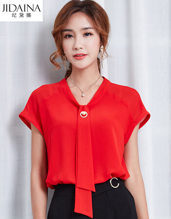 雪纺衫女短袖2018夏装工服小衫 宽松雪纺上衣套头t恤衫 红色 s(适合80