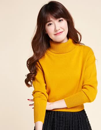 秋冬韩版高腰羊绒衫高领毛衣女超短款针织打底衫长袖新款套头加 黄色