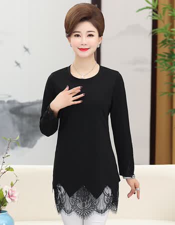 中年女秋衣外穿长袖妈妈装大码打底衫40岁50中老年女士中长款上衣休闲