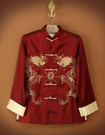 春季唐装男青年风外套中老年长袖刺绣龙纹男装汉服龙袍民族风 红色 xl